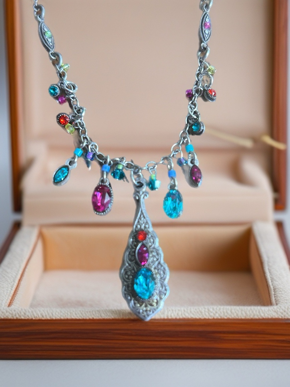 Aqua And Pink “Firefly” Signed Dangle Crystal and Silver Tone 18” Necklace